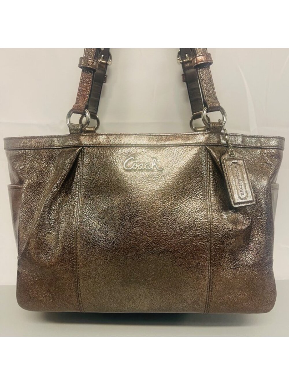 Coach Gallery F17721 Metallic Pewter Leather East West Tote Shoulder Bag Purse - Picture 2 of 16